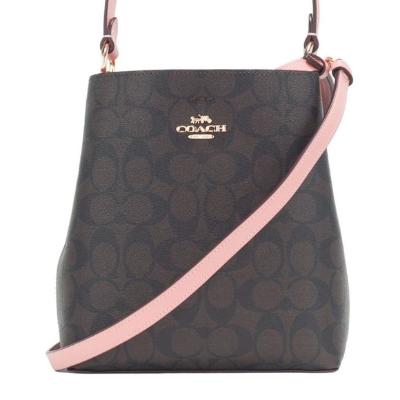 NWT Coach Small Brown Signature Canvas Shell Pink Town Bucket Crossbody Bag NEW - Picture 4 of 9